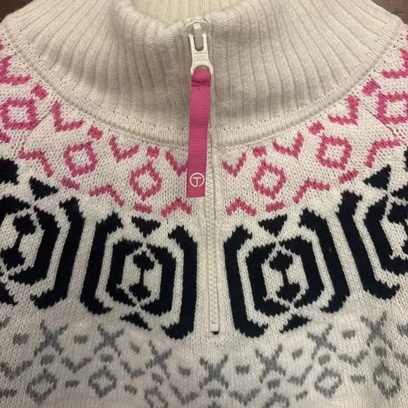 T by Talbots 1/4 Zip Sweater Fair Isle Women’s Small Pink Multicolor Wool Blend - Picture 2 of 7